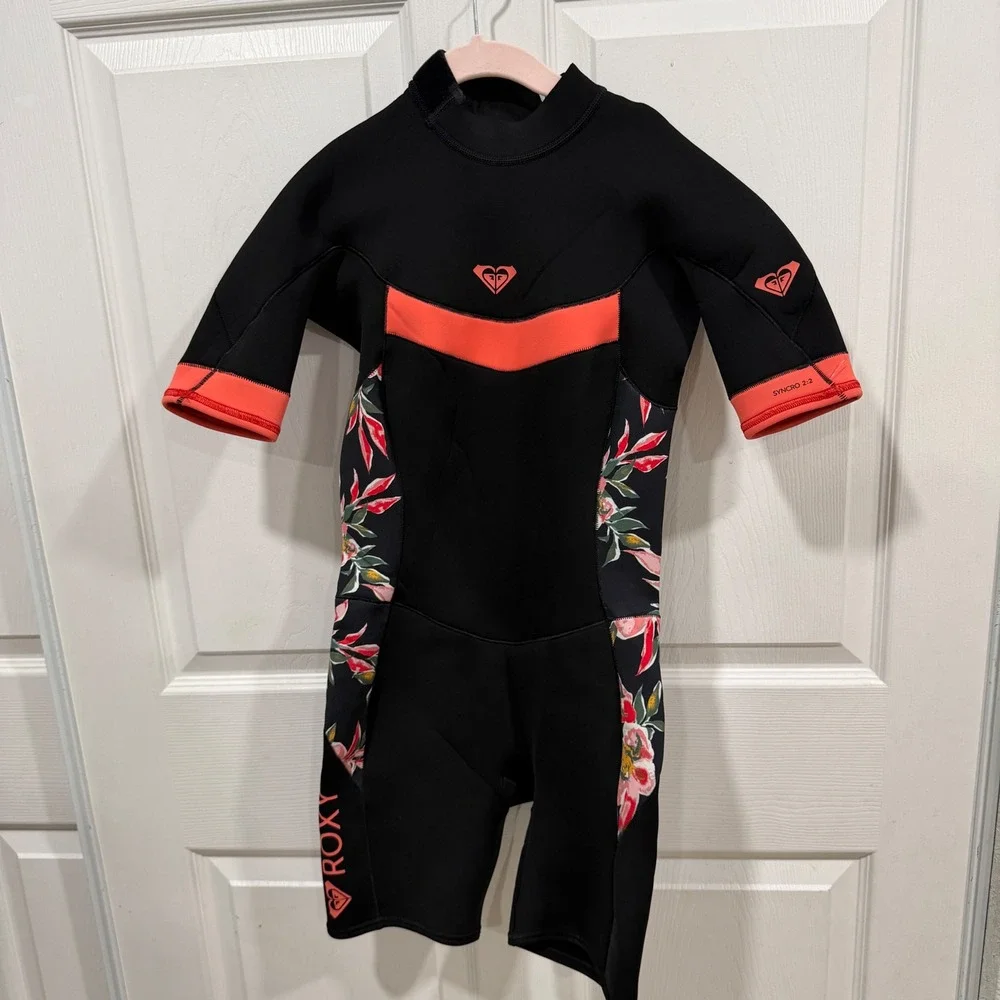 Roxy Girls Syncro 2:2 Short Sleeve Wetsuit Black Floral Coral Size 14G
